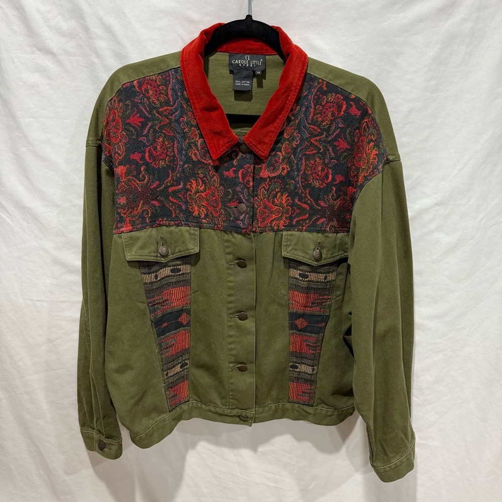 Carole Little Sport Olive Tapestry Jacket Women’s 14 Red Collar‎ Boho Western